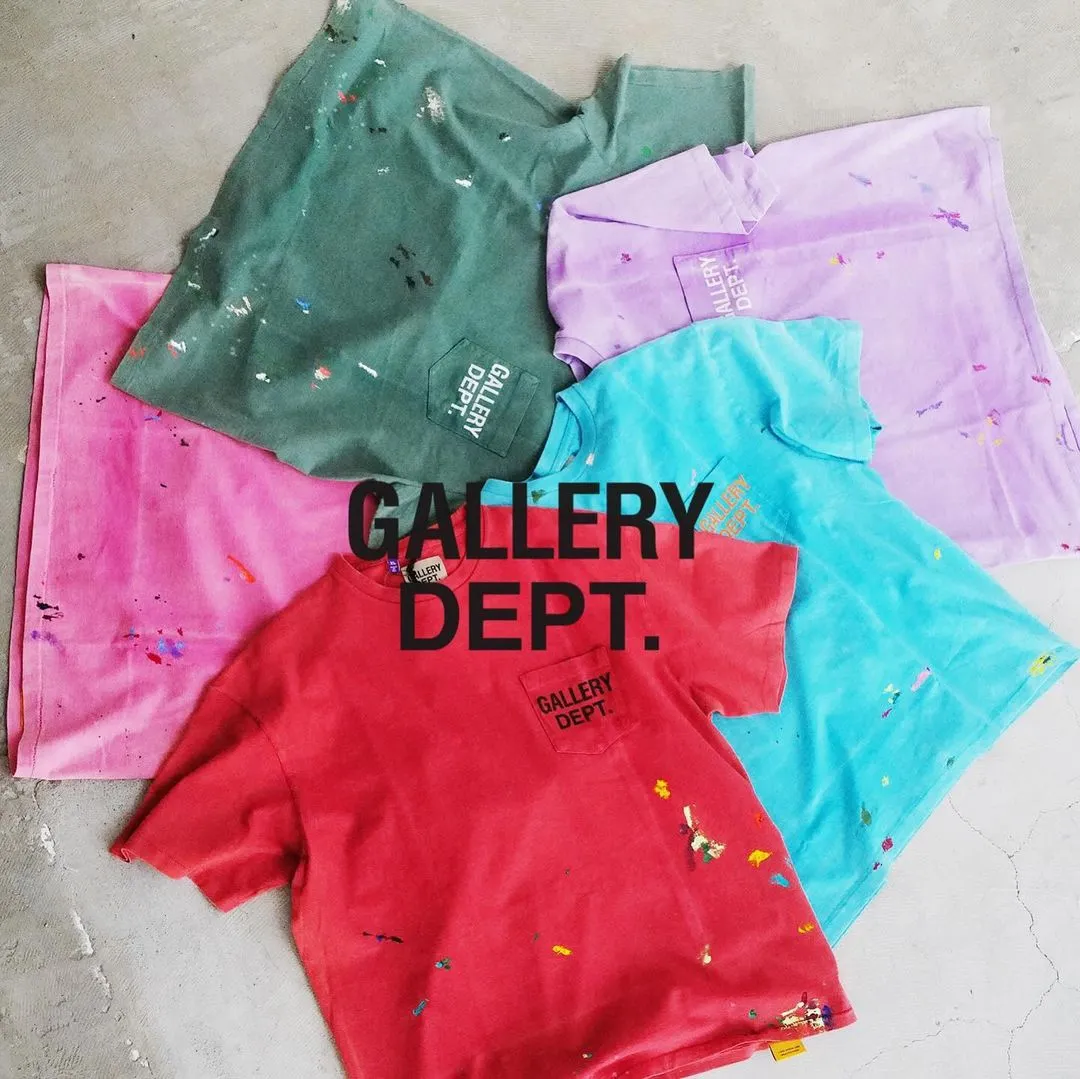 GALLERY DEPT. VINTAGE LOGO PAINTED TEE/Turquoise washed and distressed VINTAGE LOGO retro English pocket short sleeves lake blue S-XL ready-to-wear dyeing, hand-sewn and smeared with horseradish and fried with salt, very heavy industry, manufacturing dark and light fading technology, hand-splashed ink graffiti, genuine acrylic material